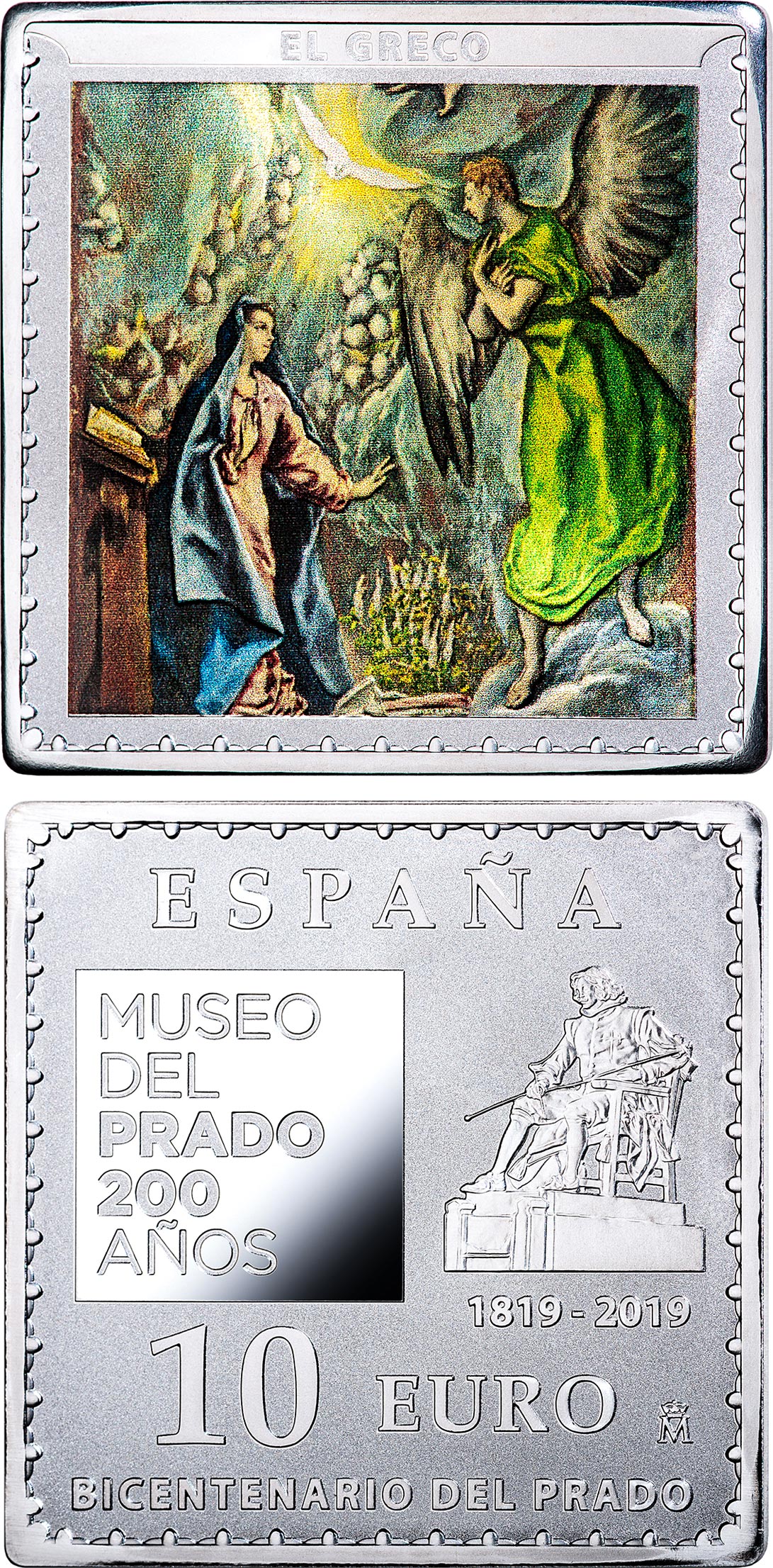 Image of 10 euro coin - Bicentenary of the Museum del Prado - The Annunciation | Spain 2019.  The Silver coin is of Proof quality.