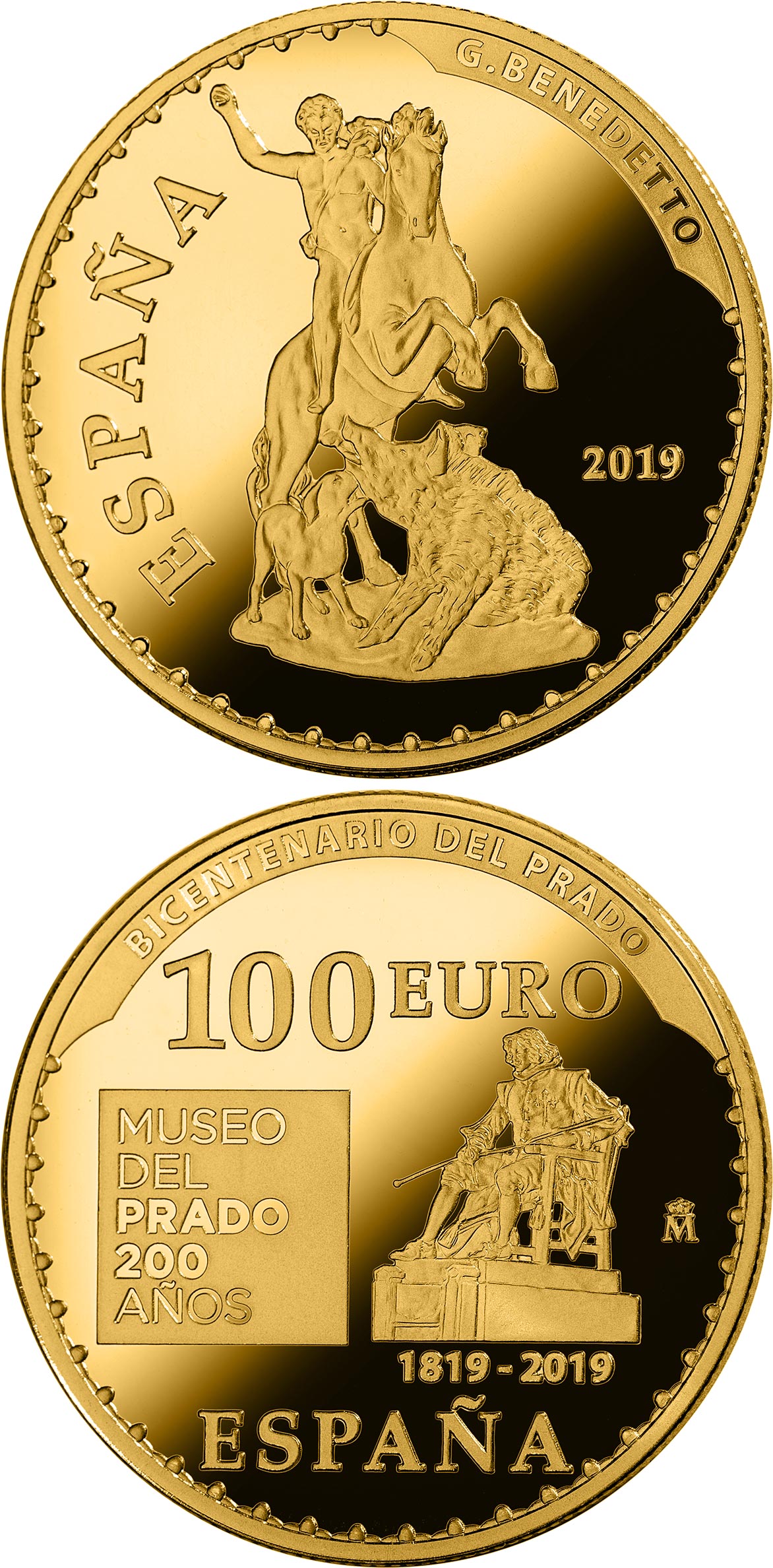 Image of 100 euro coin - Bicentenary of the Museum del Prado - The hunting of Meleagro | Spain 2019.  The Gold coin is of Proof quality.