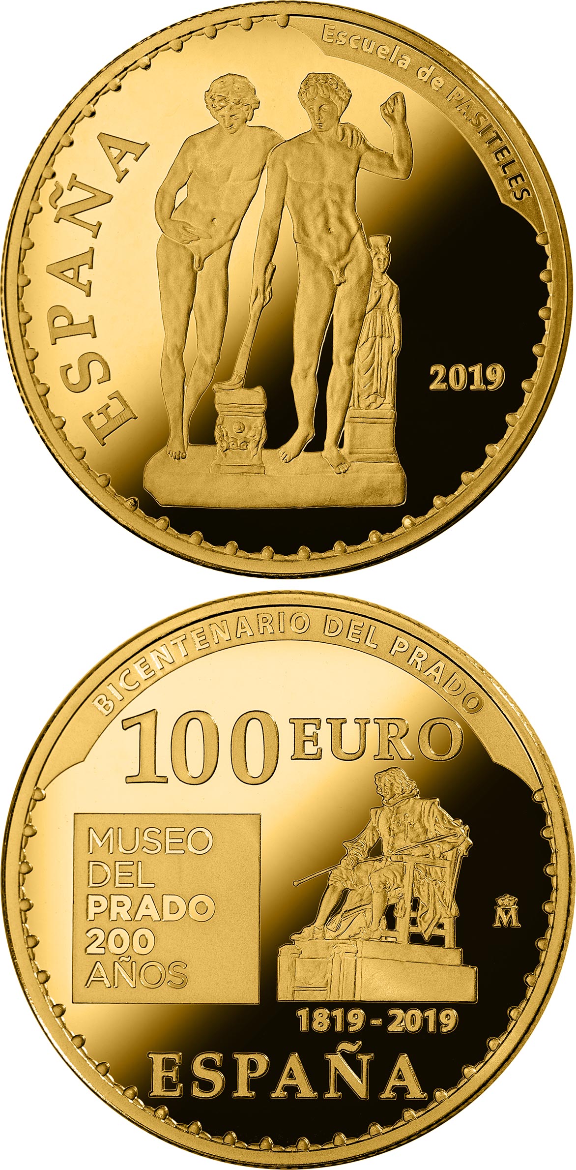 Image of 100 euro coin - Bicentenary of the Museum del Prado - Orestes y Pílades or Grupo de San Ildefonso | Spain 2019.  The Gold coin is of Proof quality.