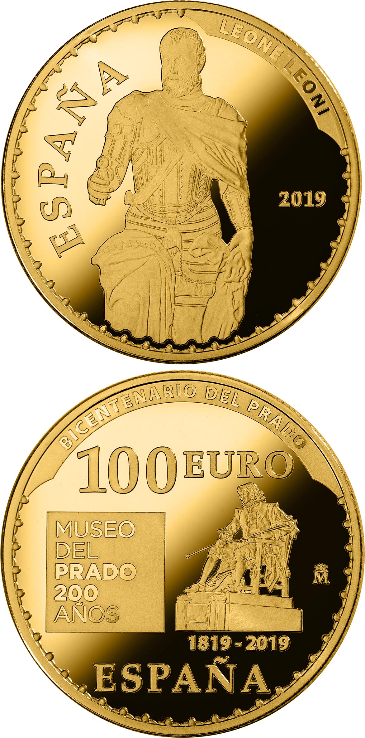 Image of 100 euro coin - Bicentenary of the Museum del Prado - Carlos V | Spain 2019.  The Gold coin is of Proof quality.