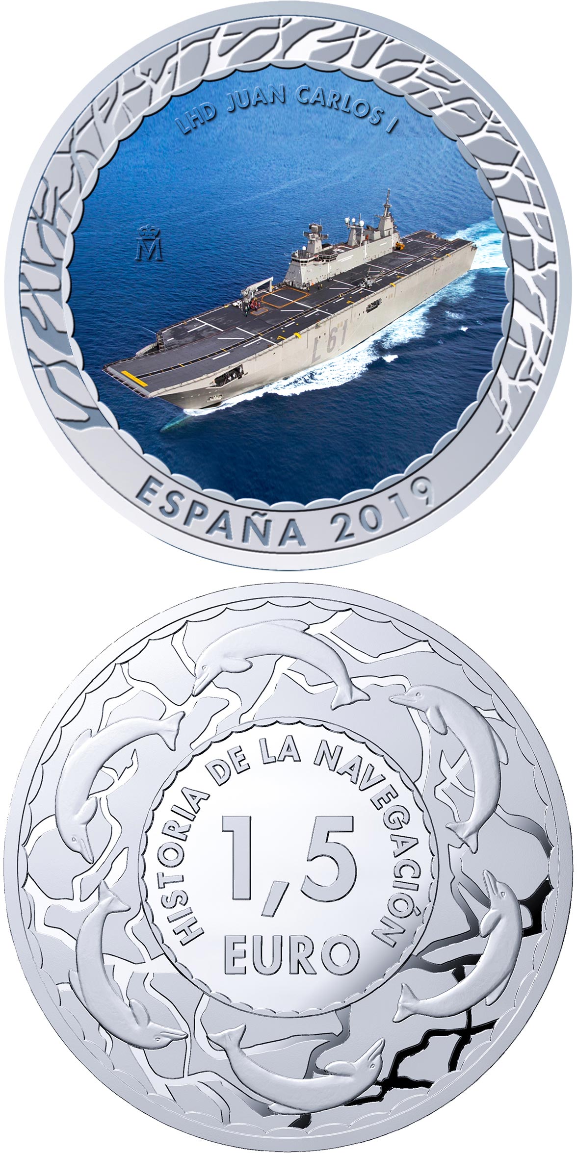 Image of 1.5 euro coin - LHD Juan Carlos I | Spain 2019.  The Copper–Nickel (CuNi) coin is of BU quality.