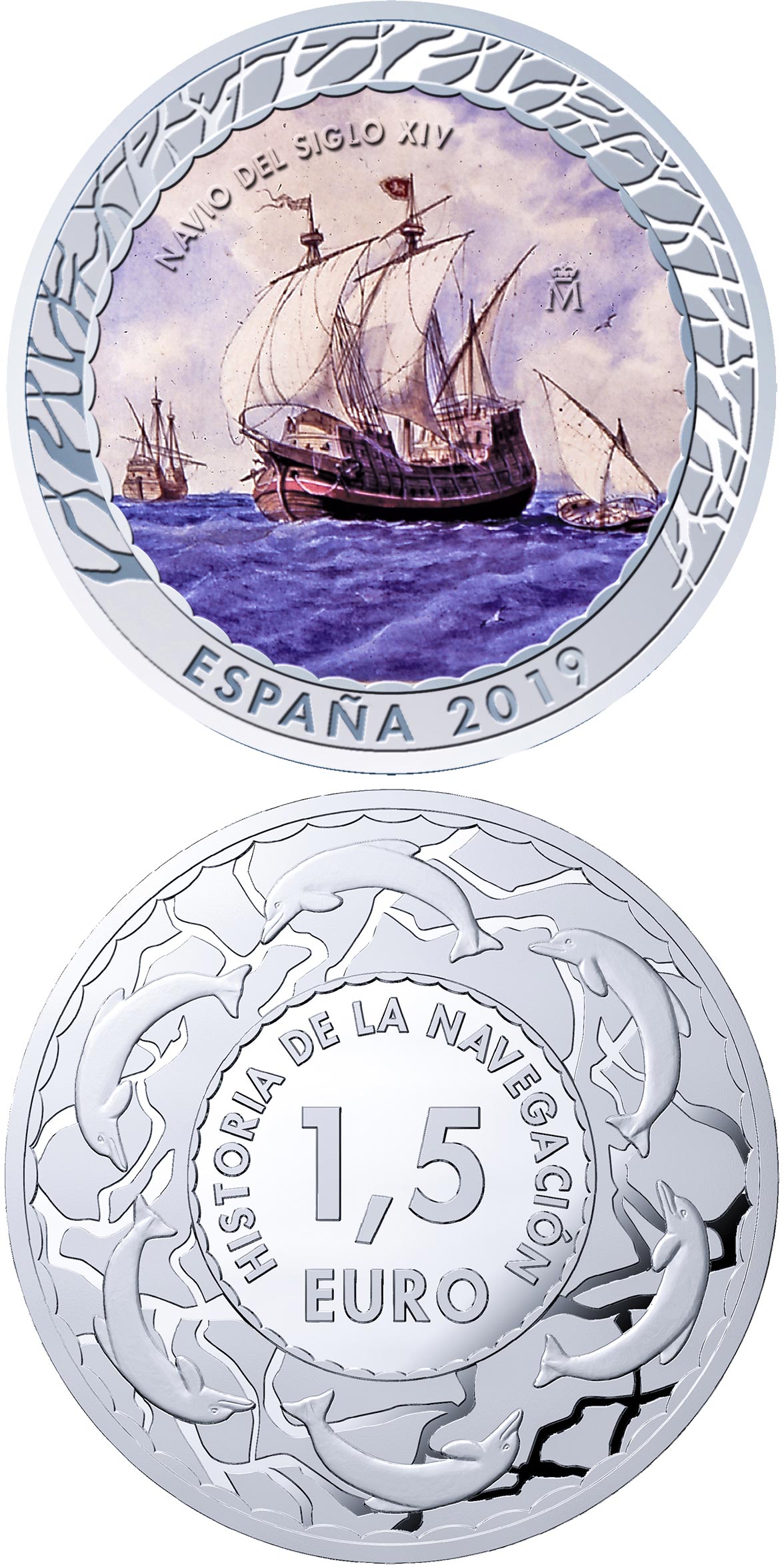 Image of 1.5 euro coin - 14th Century Ship | Spain 2019.  The Copper–Nickel (CuNi) coin is of BU quality.