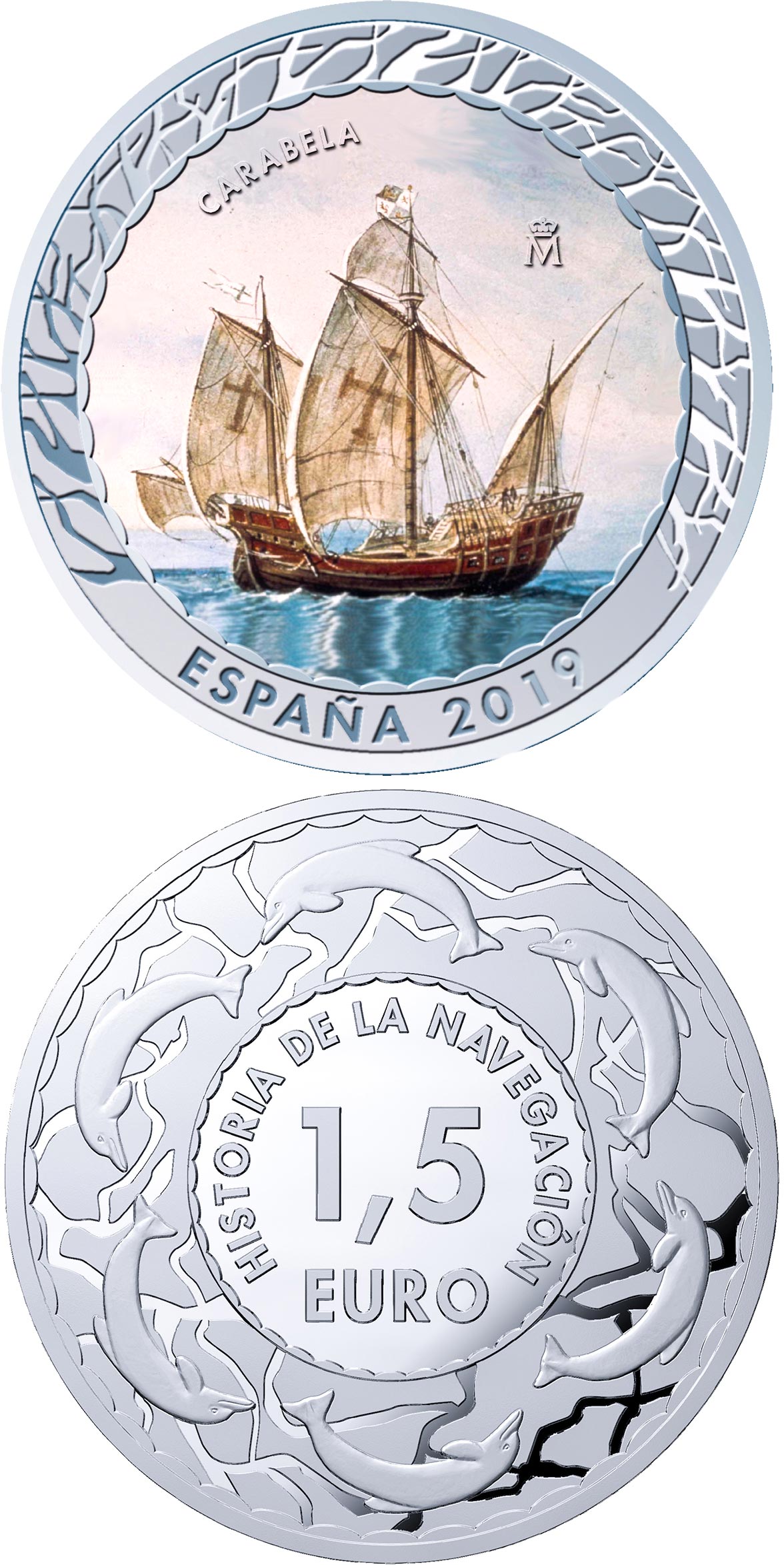 Image of 1.5 euro coin - Caravel | Spain 2019.  The Copper–Nickel (CuNi) coin is of BU quality.