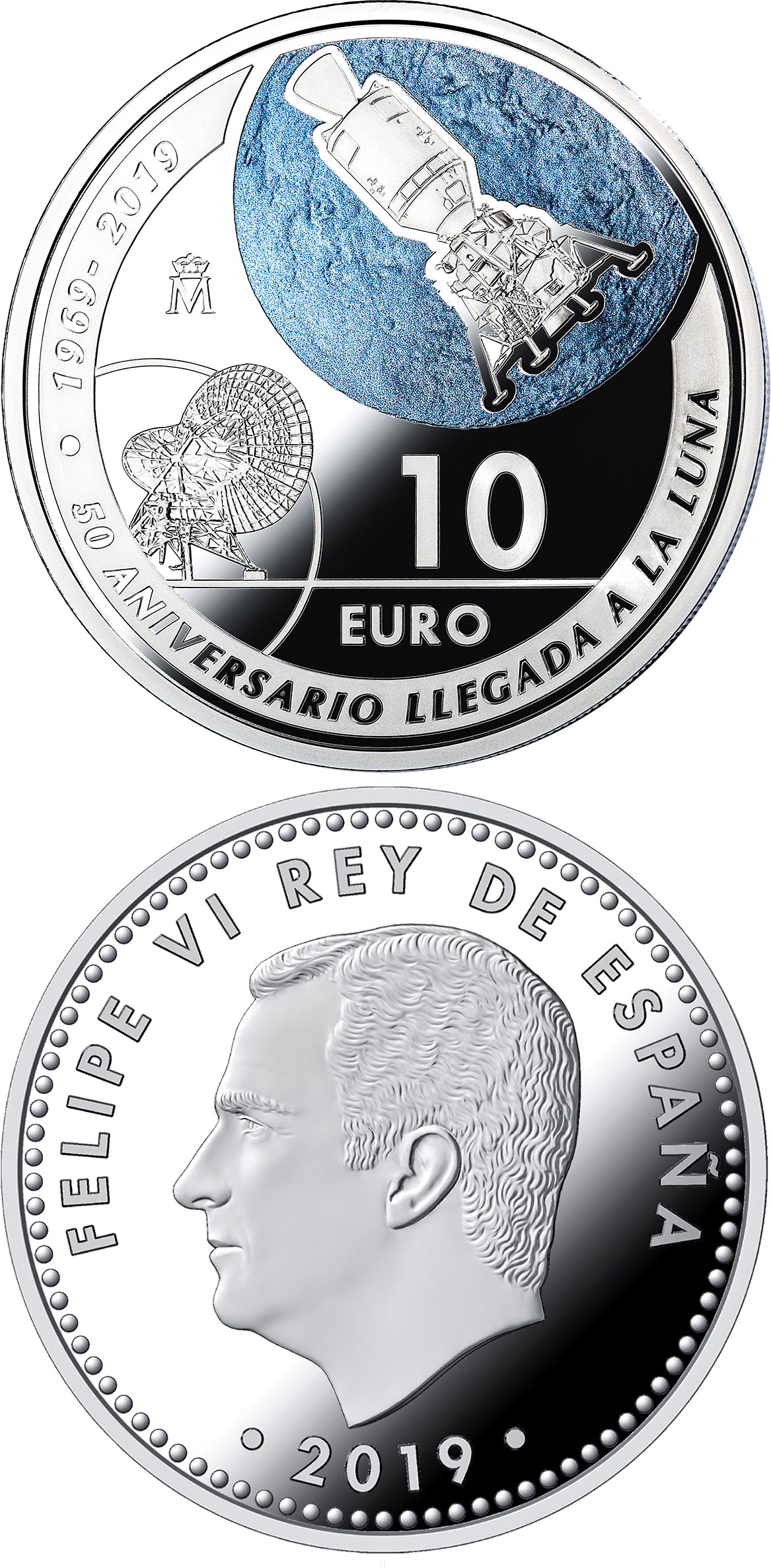 Image of 10 euro coin - 50th Anniversary of 1st Landing on the Moon   | Spain 2019.  The Silver coin is of Proof quality.