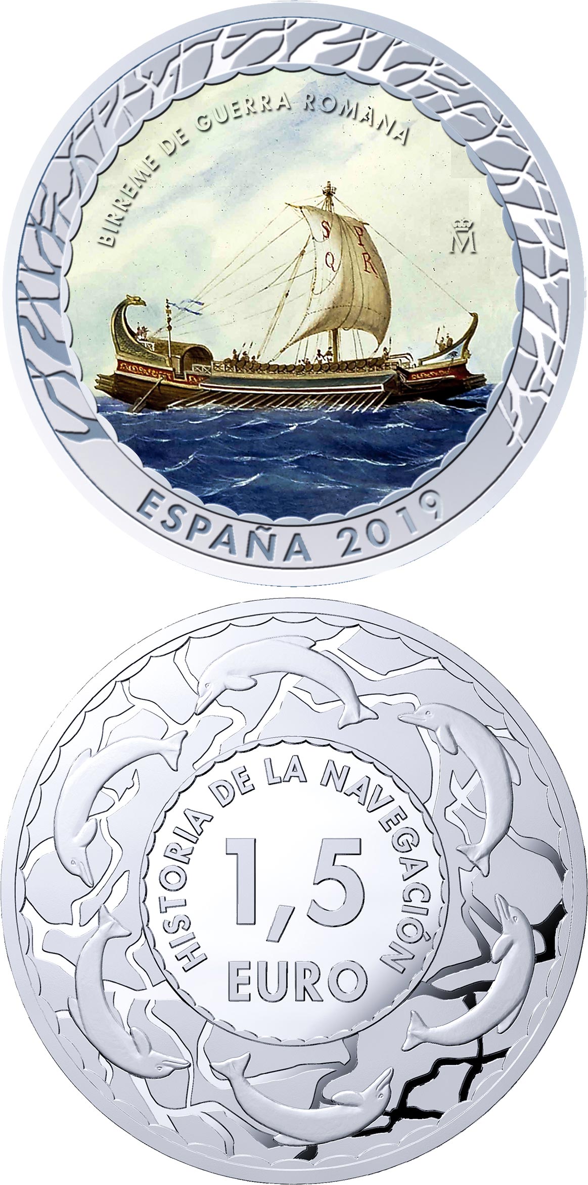 Image of 1.5 euro coin - Roman Bireme | Spain 2019.  The Copper–Nickel (CuNi) coin is of BU quality.