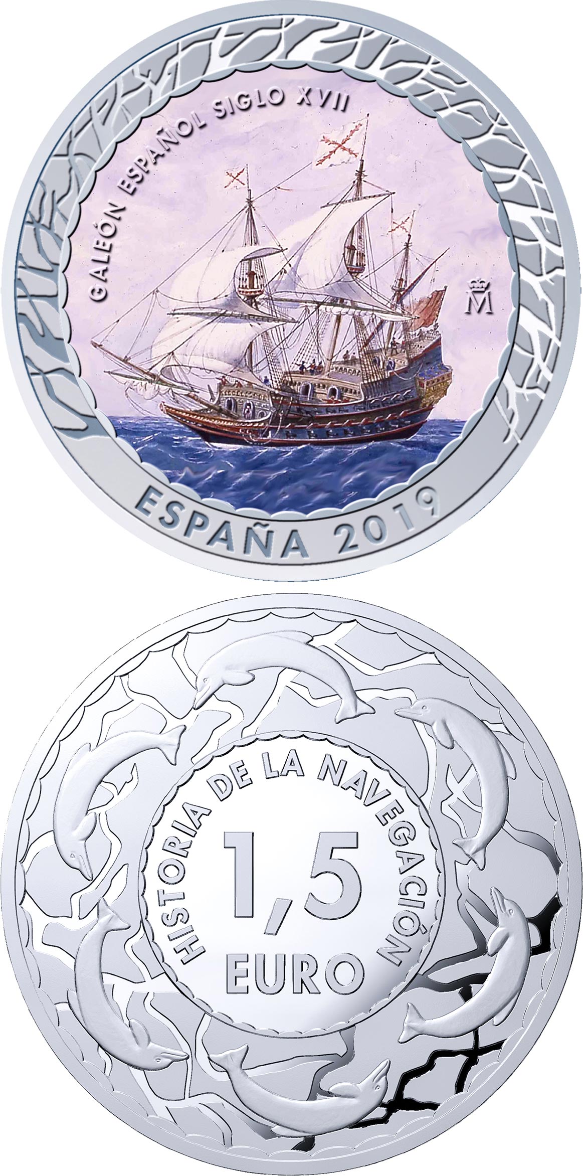Image of 1.5 euro coin - 17th Century Galleon | Spain 2019.  The Copper–Nickel (CuNi) coin is of BU quality.