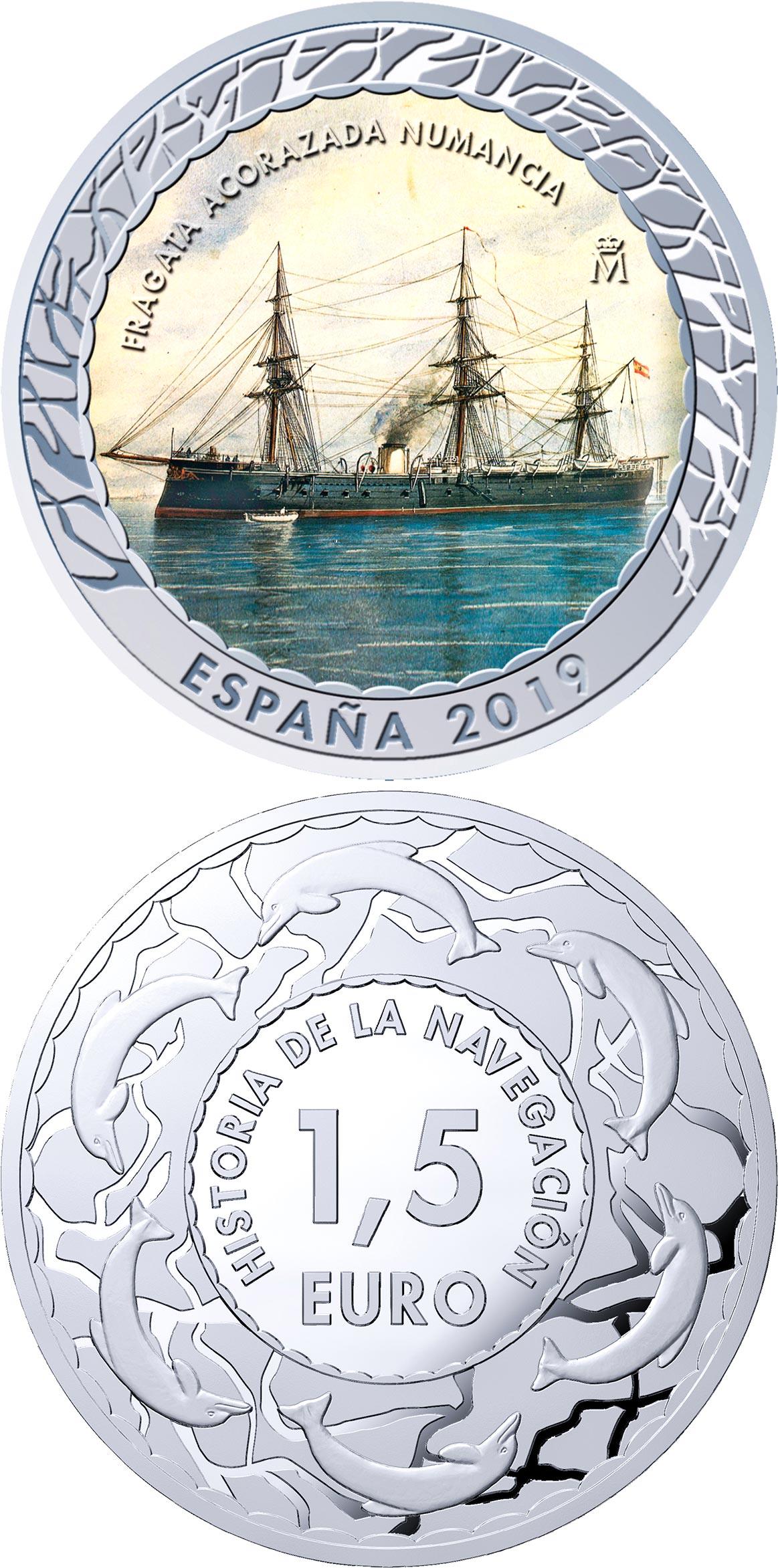 Image of 1.5 euro coin - Spanish Ironclad Numancia | Spain 2019.  The Copper–Nickel (CuNi) coin is of BU quality.