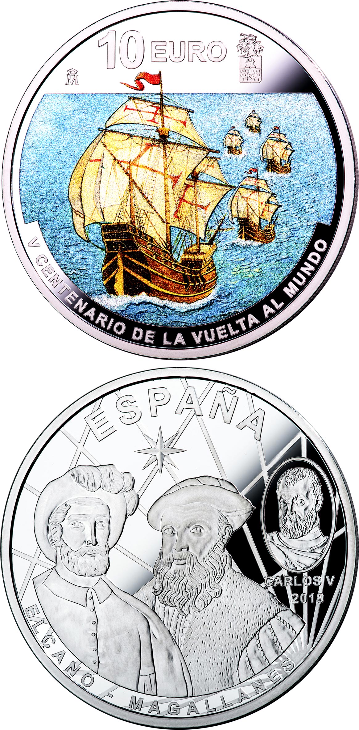 Image of 10 euro coin - 1st Round-The-World Voyage | Spain 2019.  The Silver coin is of Proof quality.