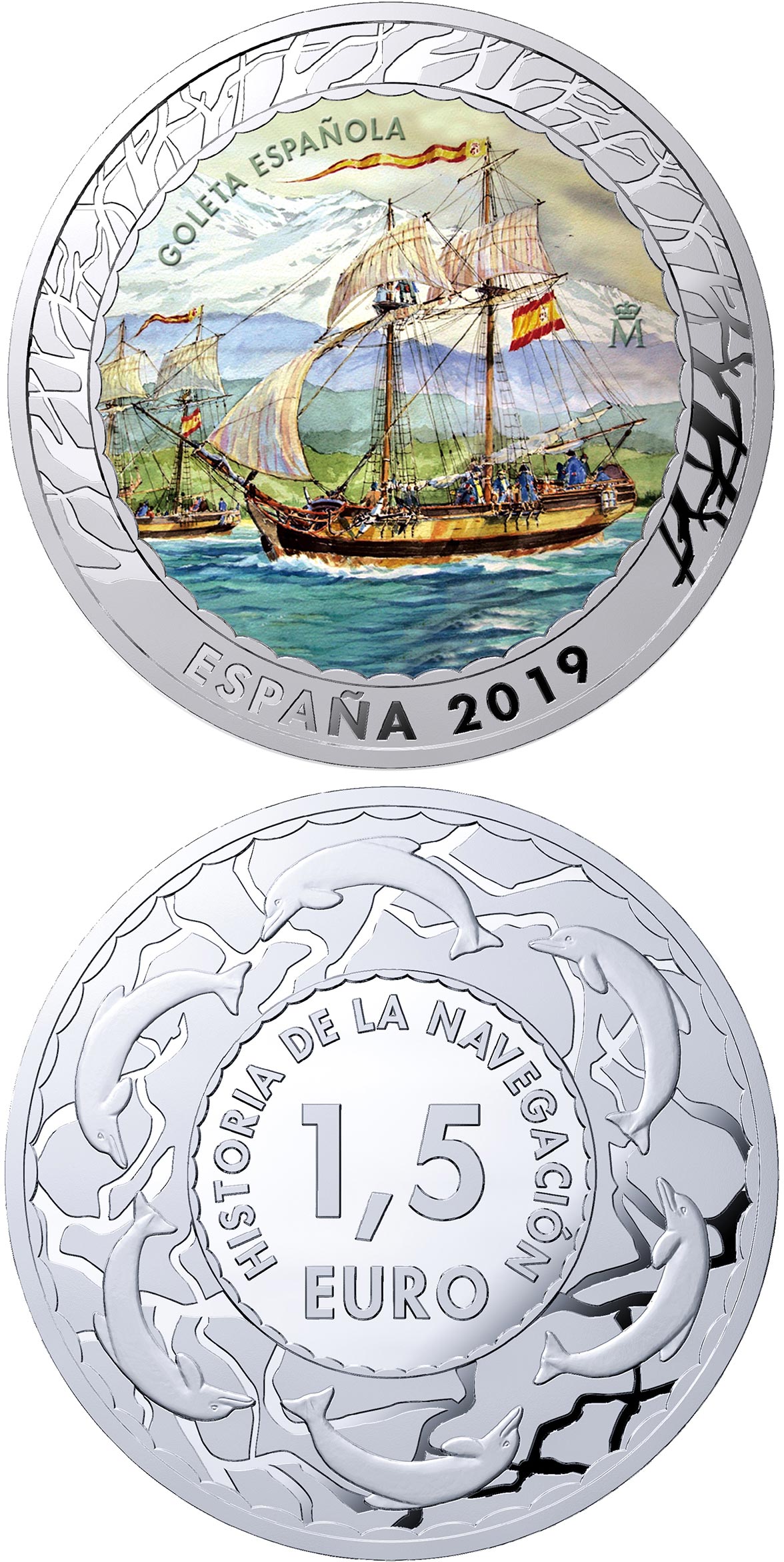 Image of 1.5 euro coin - Spanish Schooner | Spain 2019.  The Copper–Nickel (CuNi) coin is of BU quality.