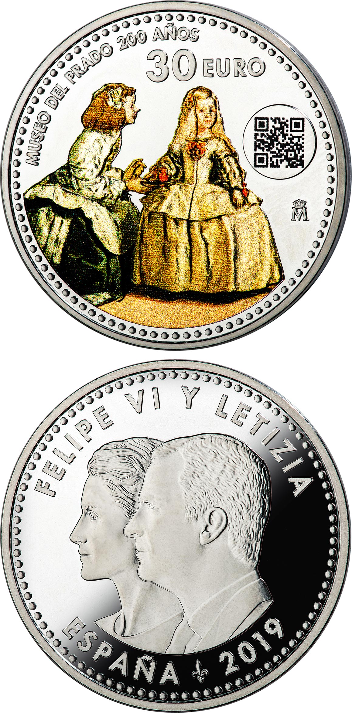 Image of 30 euro coin - Bicentennial of Prado Museum | Spain 2019.  The Silver coin is of BU, UNC quality.