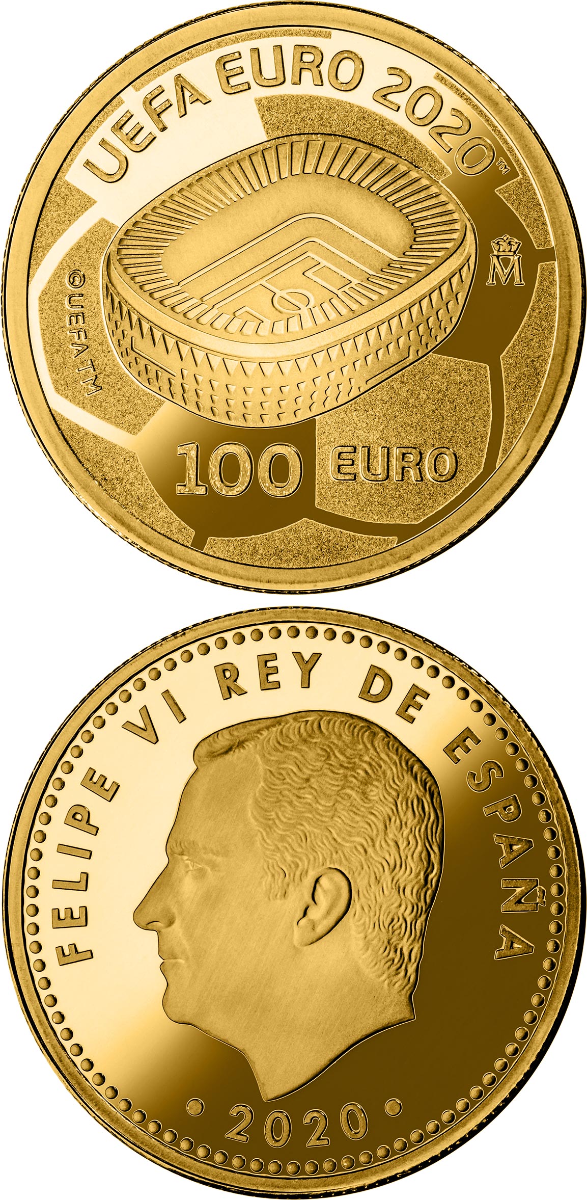 Image of 100 euro coin - UEFA EURO 2020 | Spain 2020.  The Gold coin is of Proof quality.
