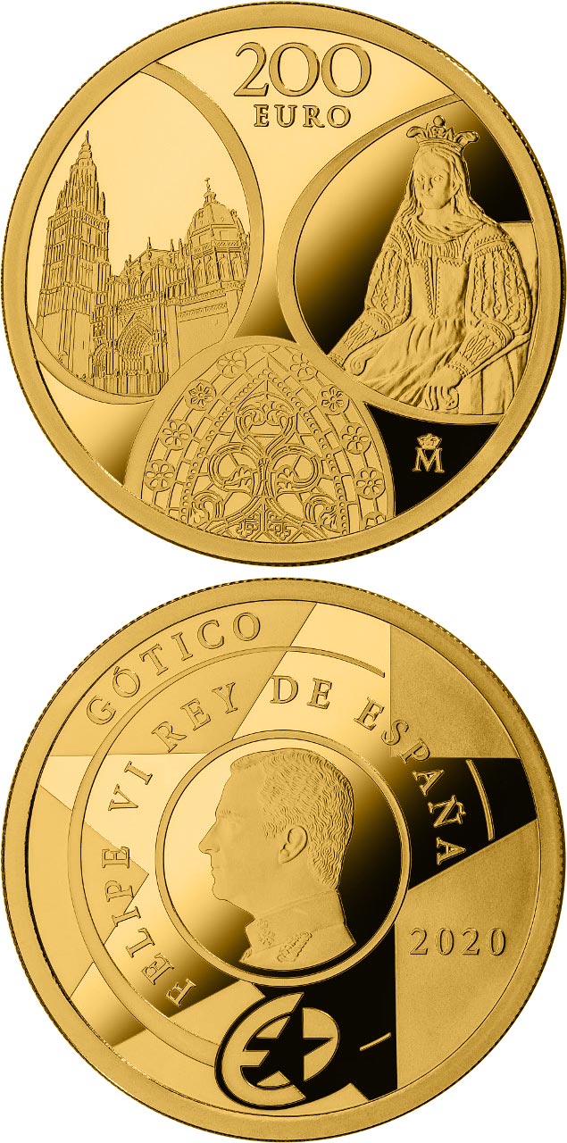 Image of 200 euro coin - Gothic | Spain 2020.  The Gold coin is of Proof quality.