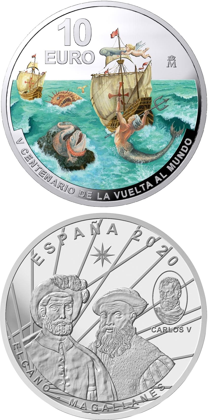 Image of 10 euro coin - 500th Anniversary of First World Circumnavigation - Elcano | Spain 2020.  The Silver coin is of Proof quality.