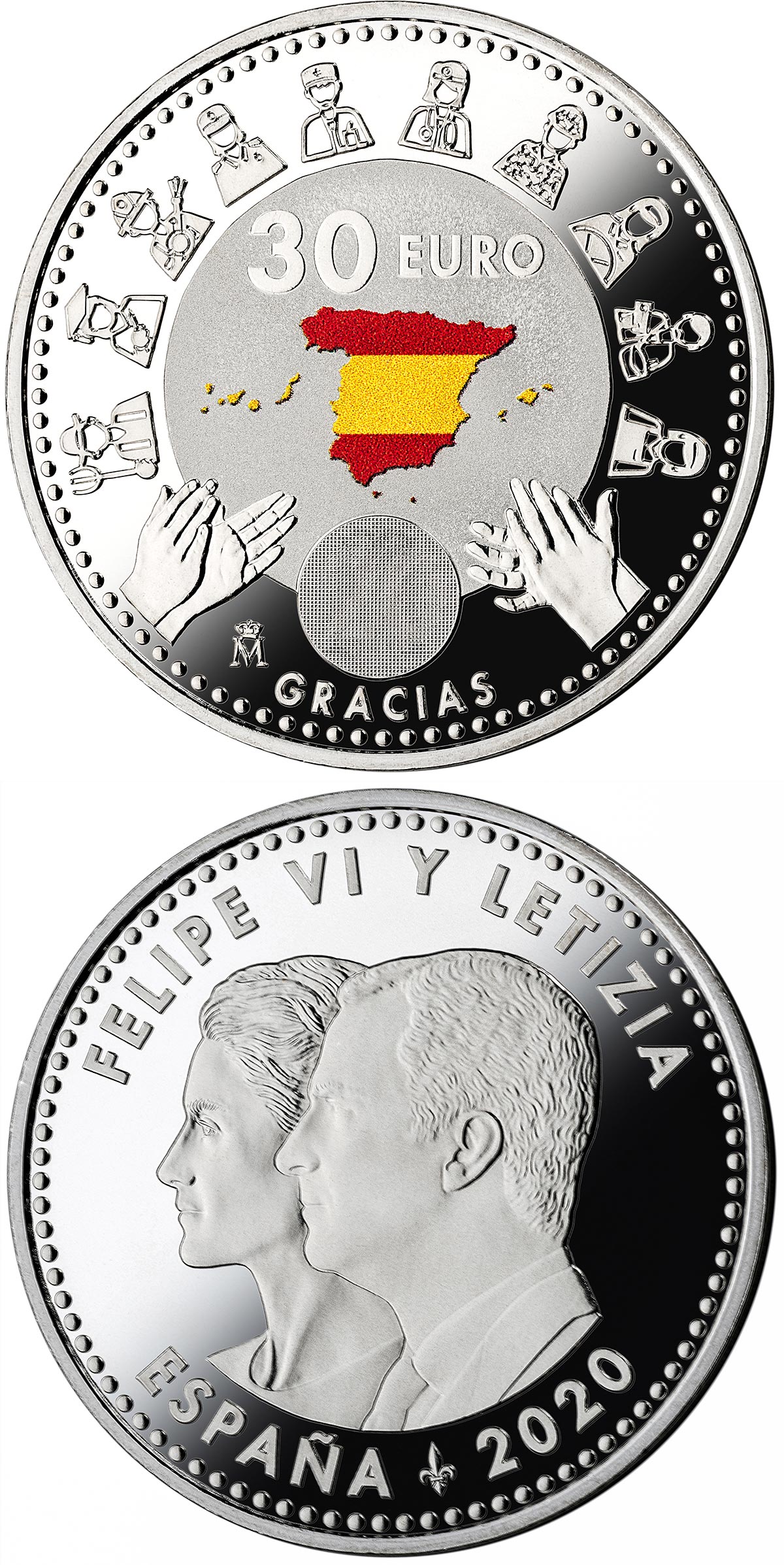 Image of 30 euro coin - Gracias | Spain 2020.  The Silver coin is of BU, UNC quality.