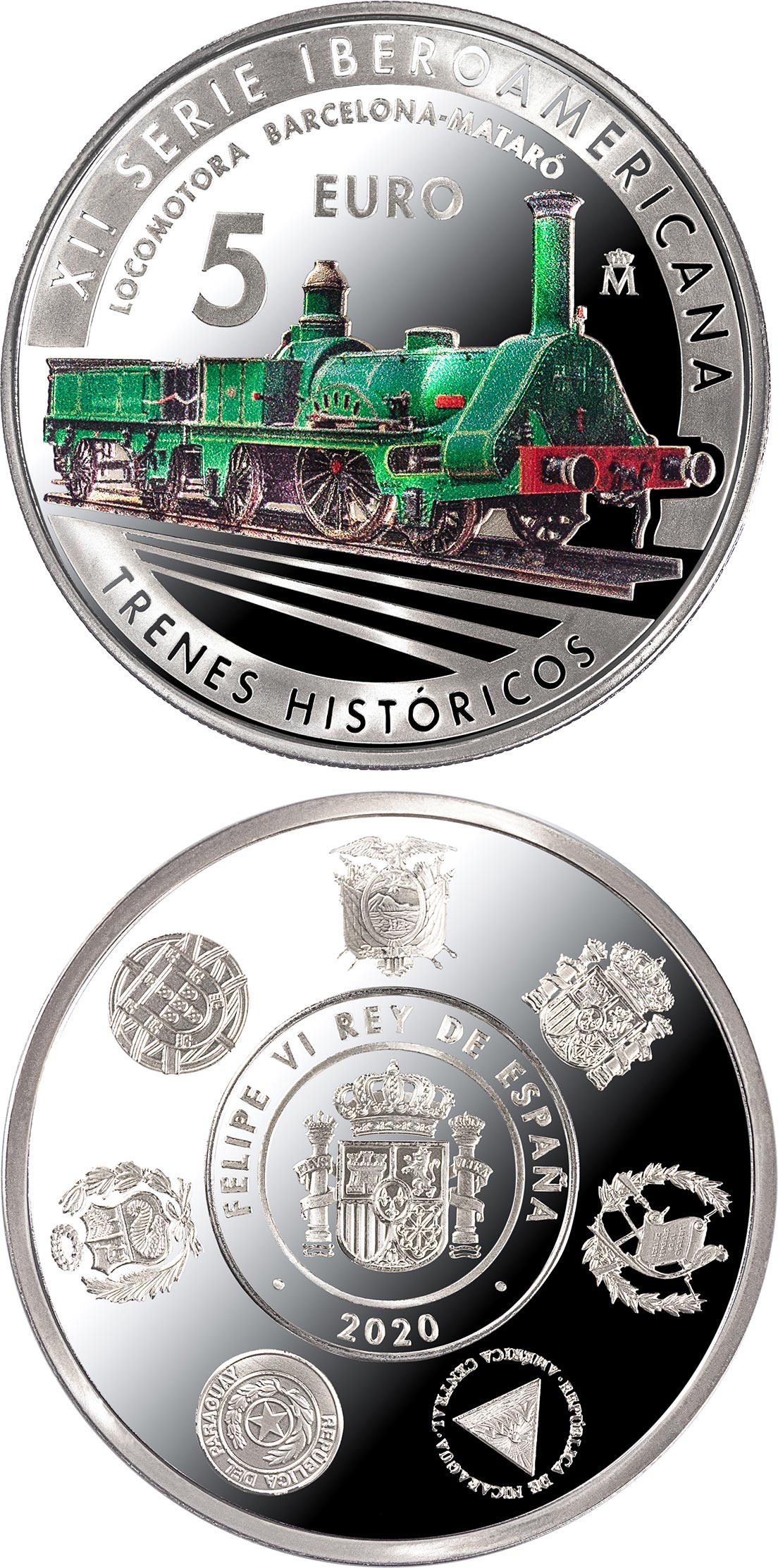 Image of 5 euro coin - 12th Ibero-american Series: Historic Railways | Spain 2020.  The Silver coin is of Proof quality.
