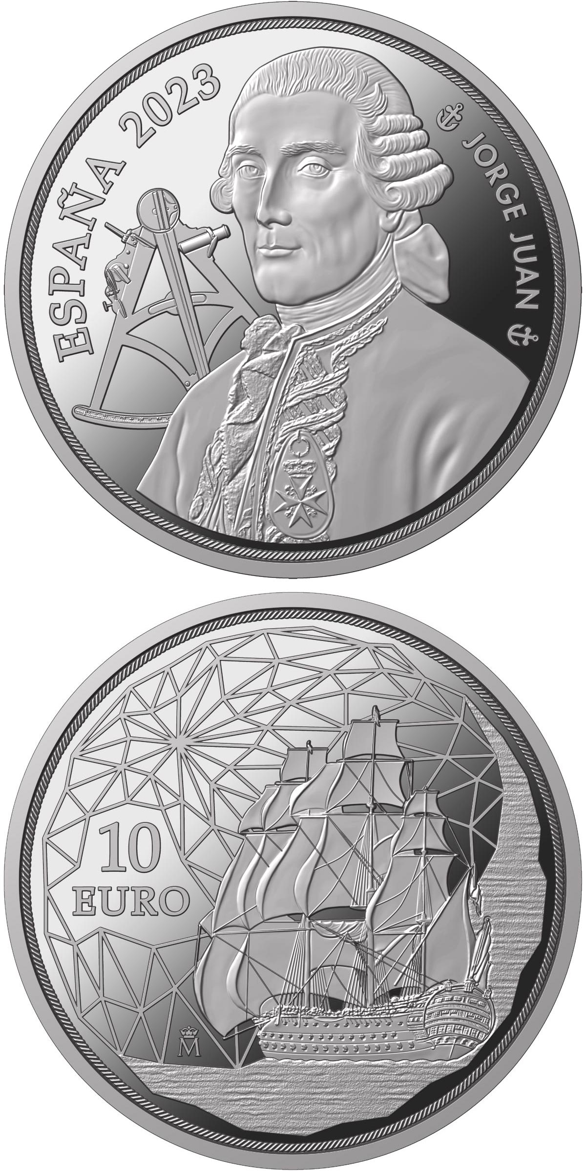 Image of 10 euro coin - 250th birthday of Jorge Juan y Santacilia | Spain 2023.  The Silver coin is of Proof quality.