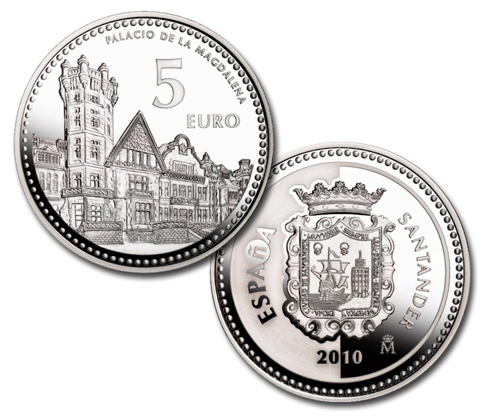 Image of 5 euro coin - Santander | Spain 2010.  The Silver coin is of Proof quality.