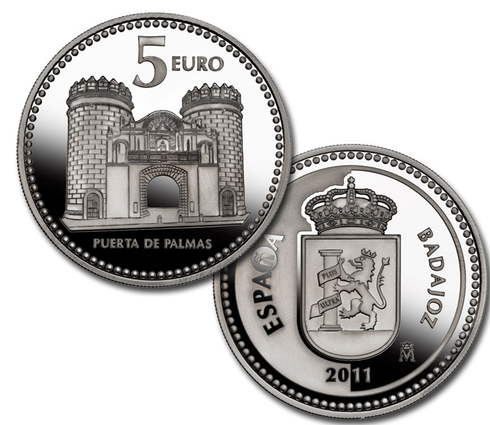 Image of 5 euro coin - Badajoz  | Spain 2011.  The Silver coin is of Proof quality.
