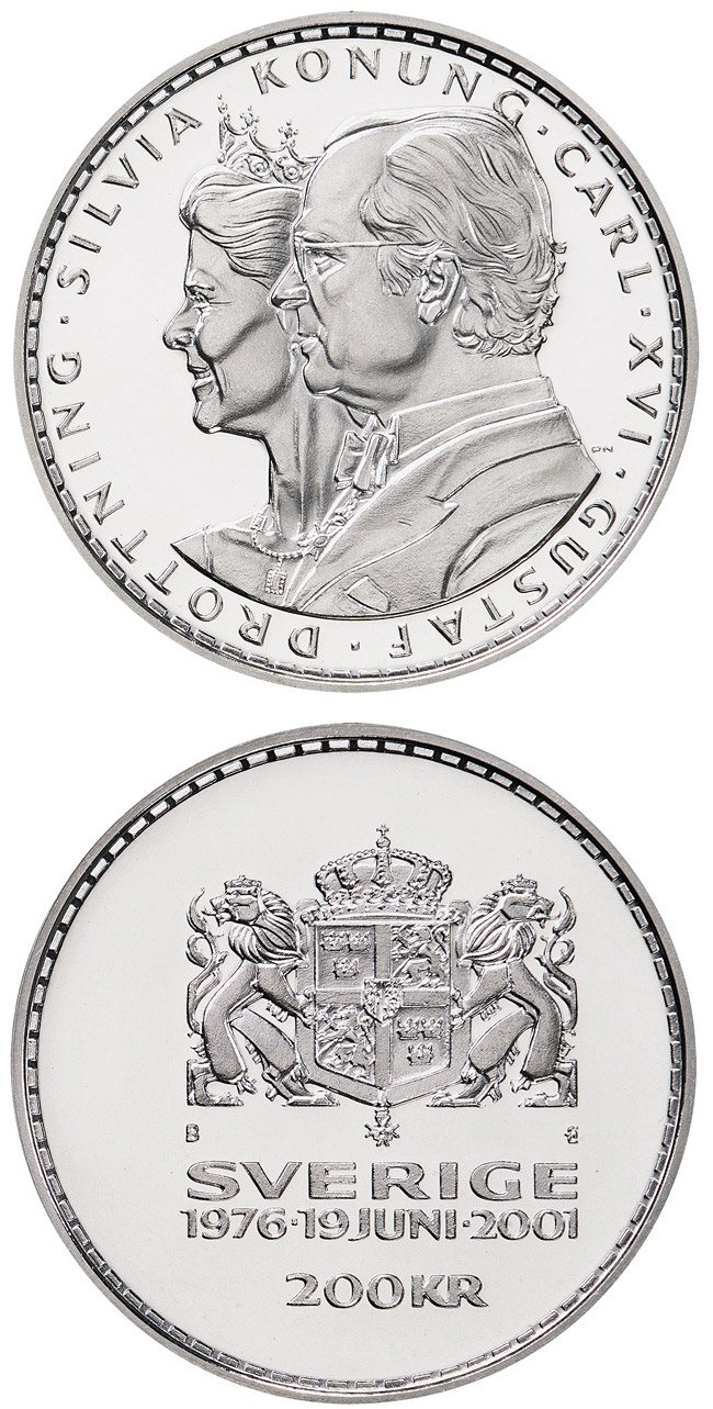 Image of 200 krona coin - King Carl XVI Gustaf’s and Queen Silvia’s silver wedding anniversary | Sweden 2001.  The Silver coin is of Proof quality.
