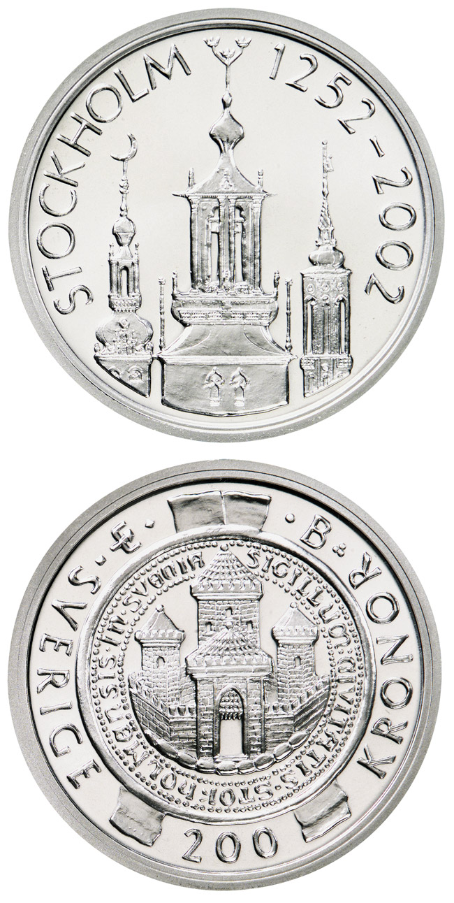 Image of 200 krona coin - Stockholm 750th anniversary | Sweden 2002.  The Silver coin is of Proof quality.