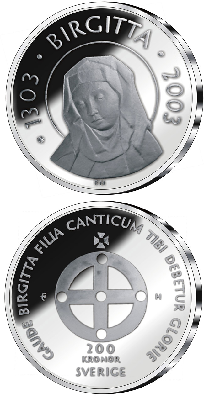 Image of 200 krona coin - 700th anniversary of the birth of Saint Birgitta | Sweden 2003.  The Silver coin is of Proof quality.