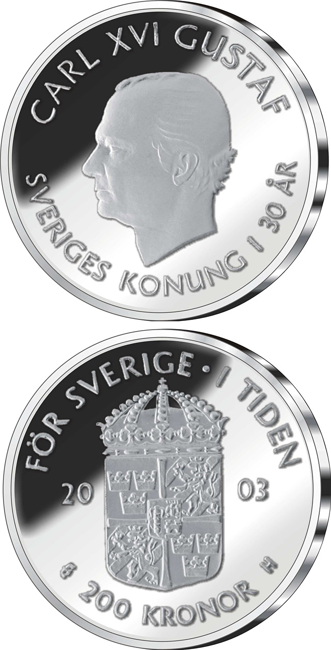 Image of 200 krona coin - 30th anniversary of King Carl XVI Gustaf’s accession to the throne | Sweden 2003.  The Silver coin is of Proof quality.