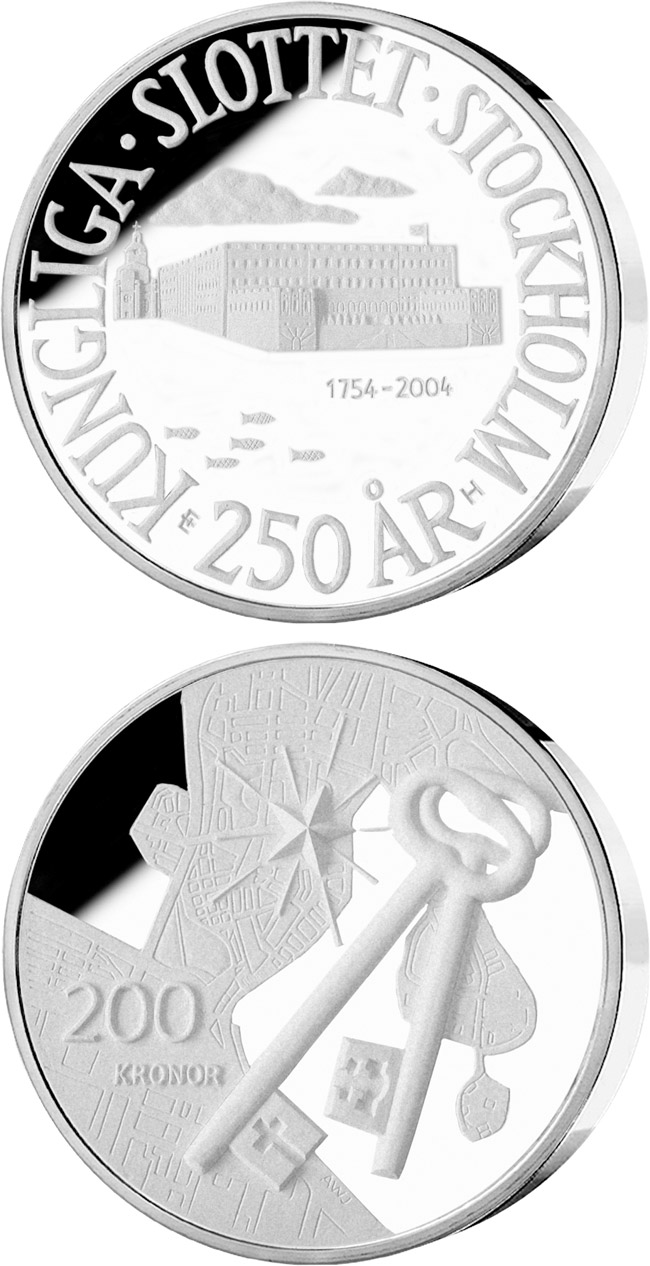 Image of 200 krona coin - 250th anniversary of Royal Palace in Stockholm | Sweden 2004.  The Silver coin is of Proof quality.
