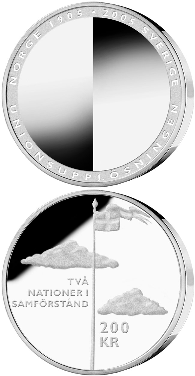 Image of 200 krona coin - 100th anniversary of the dissolution of the Swedish-Norwegian union | Sweden 2005.  The Silver coin is of Proof quality.