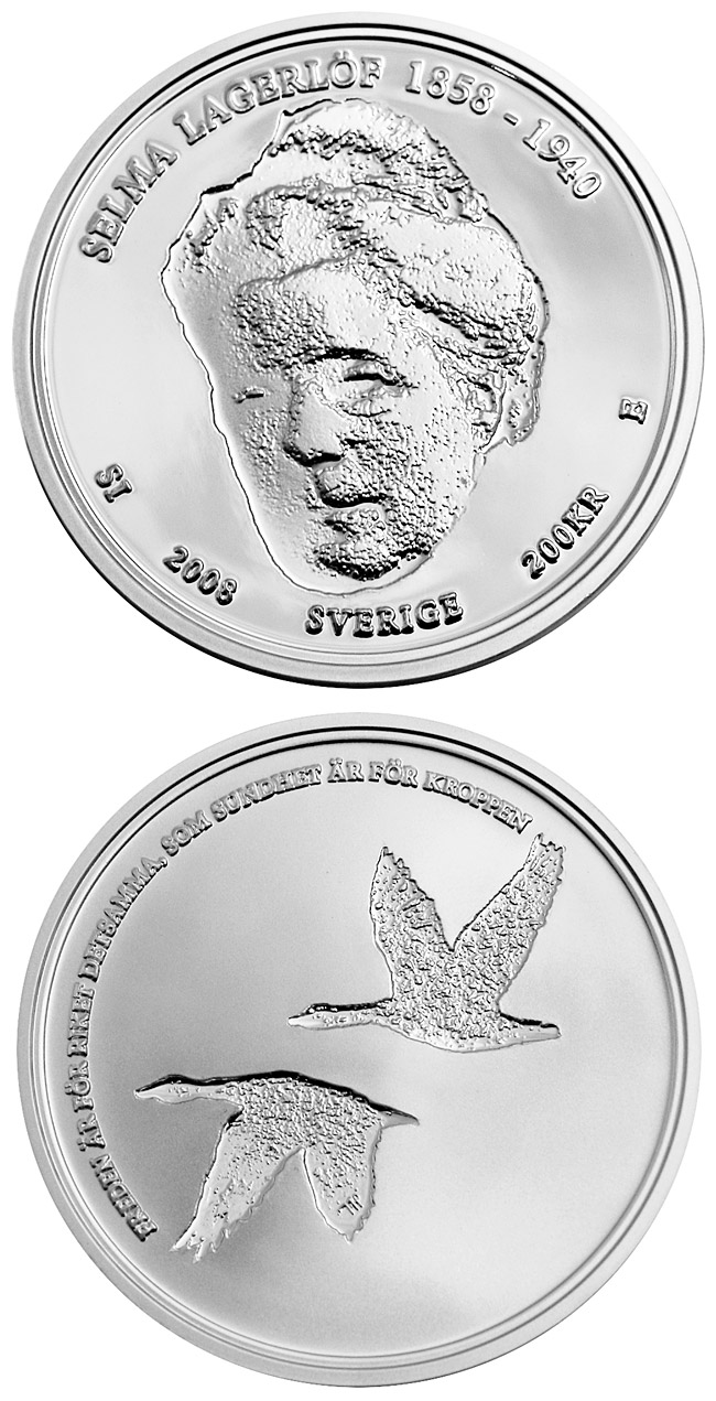 Image of 200 krona coin - Selma Lagerlöf 150 years | Sweden 2008.  The Silver coin is of Proof quality.