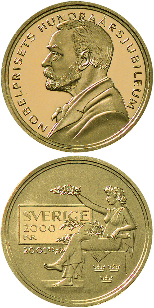 Image of 2000 krona coin - 100th anniversary of the foundation of the Nobel prize | Sweden 2001.  The Gold coin is of Proof quality.