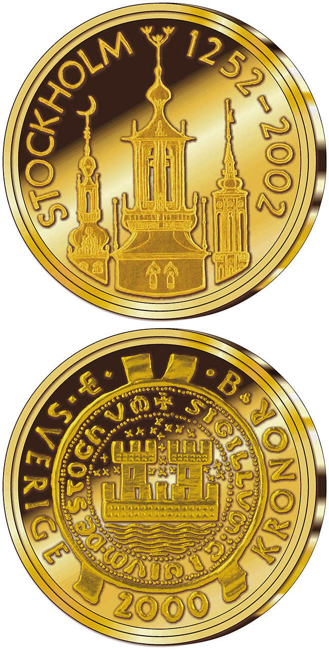 Image of 2000 krona coin - Stockholm 750th anniversary | Sweden 2002.  The Gold coin is of Proof quality.