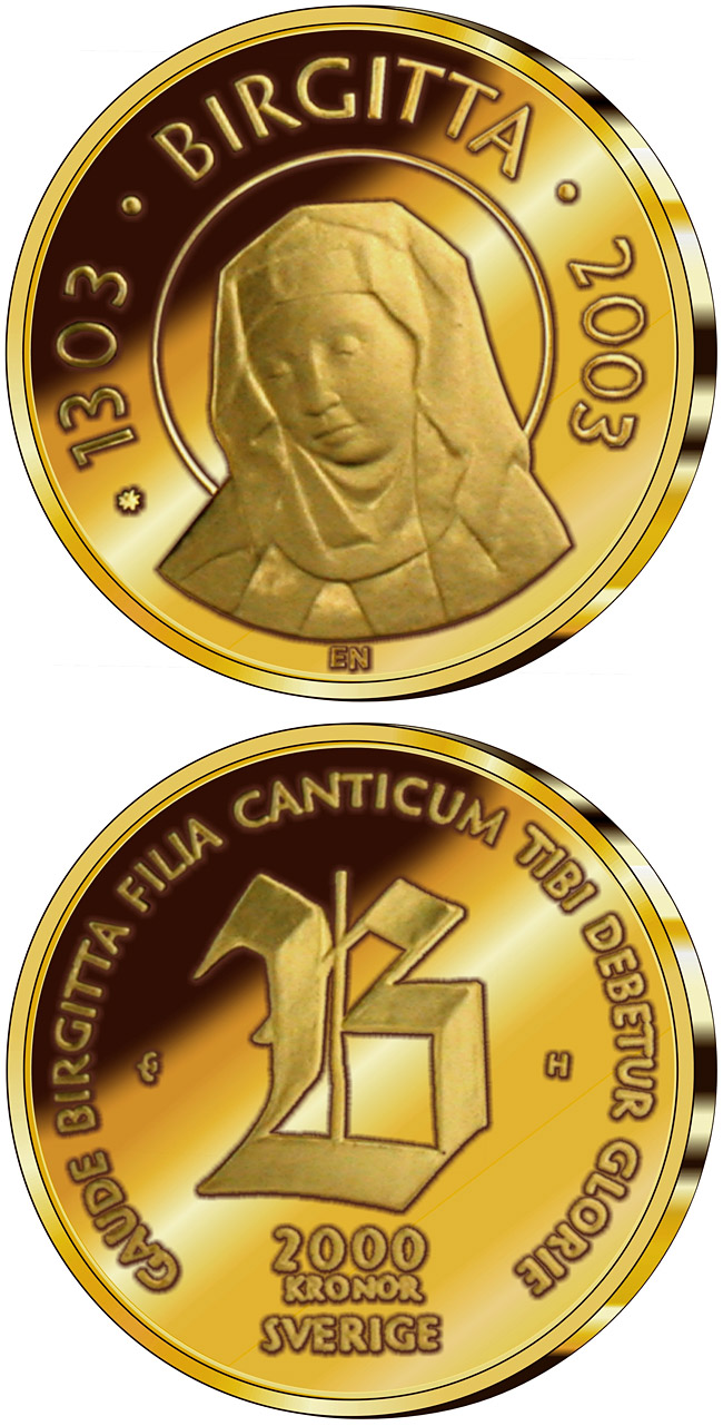 Image of 2000 krona coin - 700th anniversary of the birth of Saint Birgitta | Sweden 2003.  The Gold coin is of Proof quality.