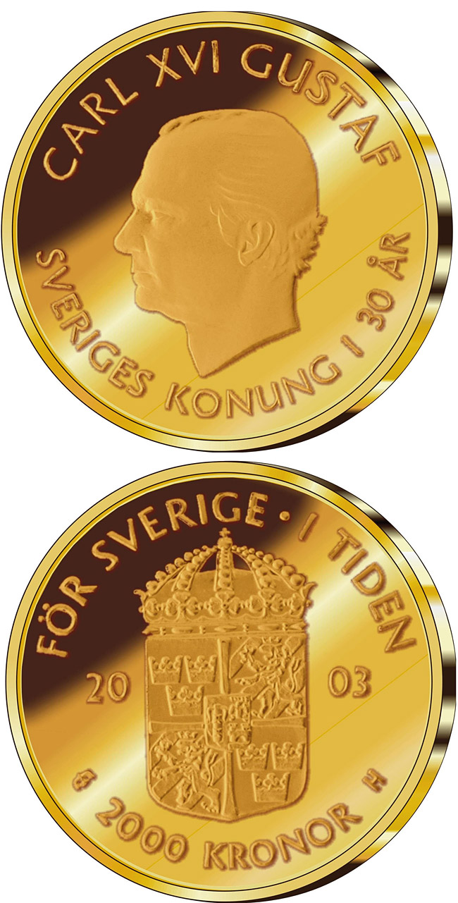 Image of 2000 krona coin - 30th anniversary of King Carl XVI Gustaf’s accession to the throne | Sweden 2003.  The Gold coin is of Proof quality.