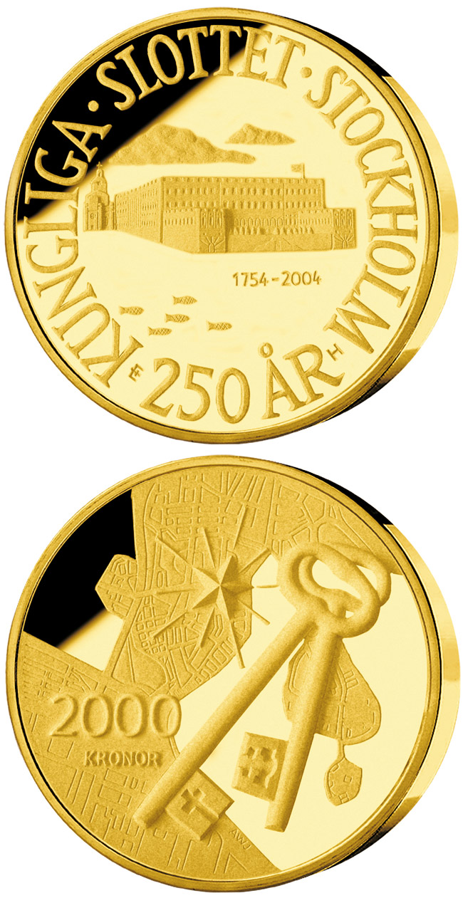 Image of 2000 krona coin - 250th anniversary of Royal Palace in Stockholm | Sweden 2004.  The Gold coin is of Proof quality.