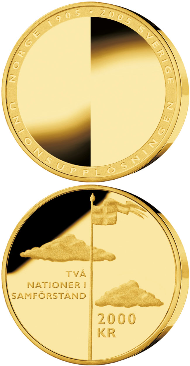 Image of 2000 krona coin - 100th anniversary of the dissolution of the Swedish-Norwegian union | Sweden 2005.  The Gold coin is of Proof quality.