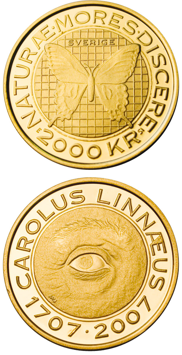 Image of 2000 krona coin - Carl von Linné 300 years | Sweden 2007.  The Gold coin is of Proof quality.