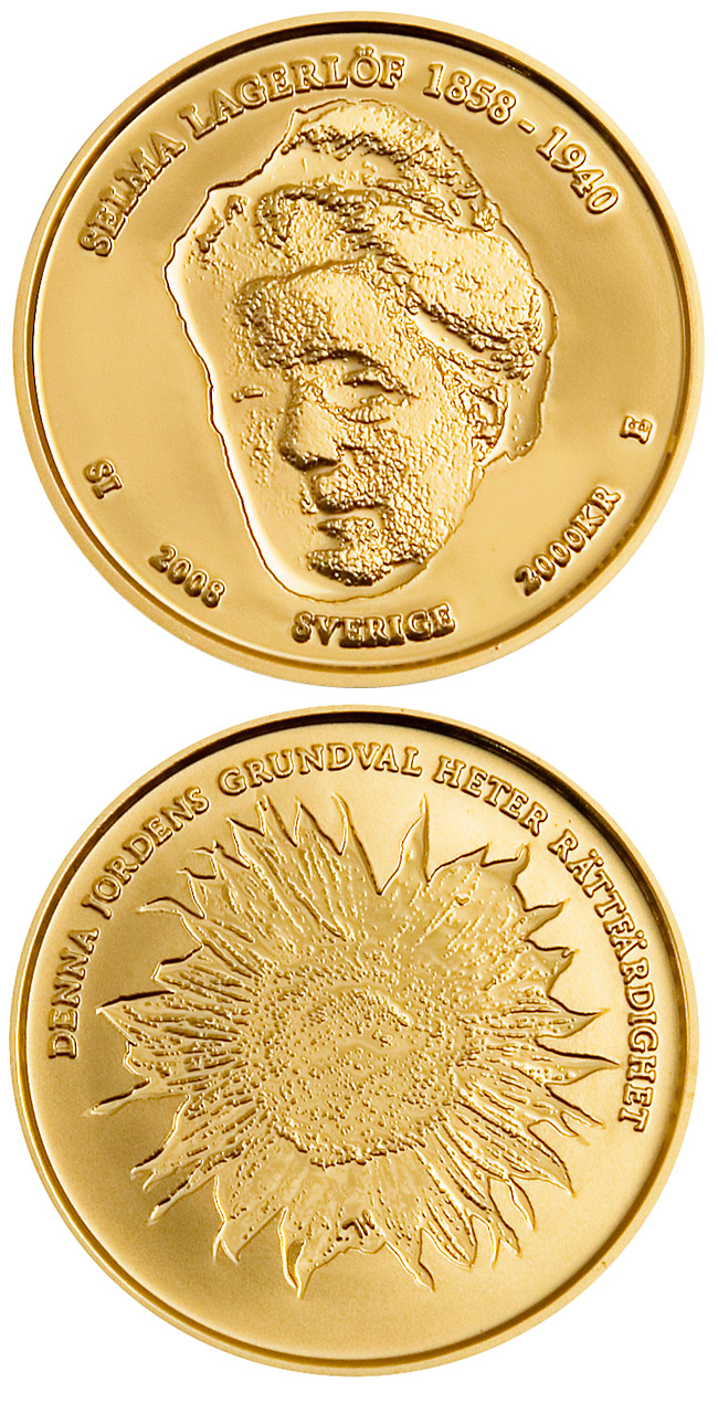 Image of 2000 krona coin - Selma Lagerlöf 150 years | Sweden 2008.  The Gold coin is of Proof quality.