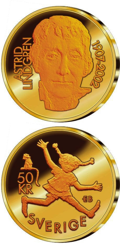Image of 50 krona coin - 95th anniversary of the birth of Astrid Lindgren | Sweden 2002.  The Bimetal: CuNi, nordic gold coin is of Proof quality.