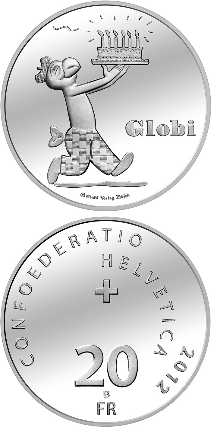 Image of 20 francs coin - The 80 years of Globi | Switzerland 2012.  The Silver coin is of Proof, BU quality.