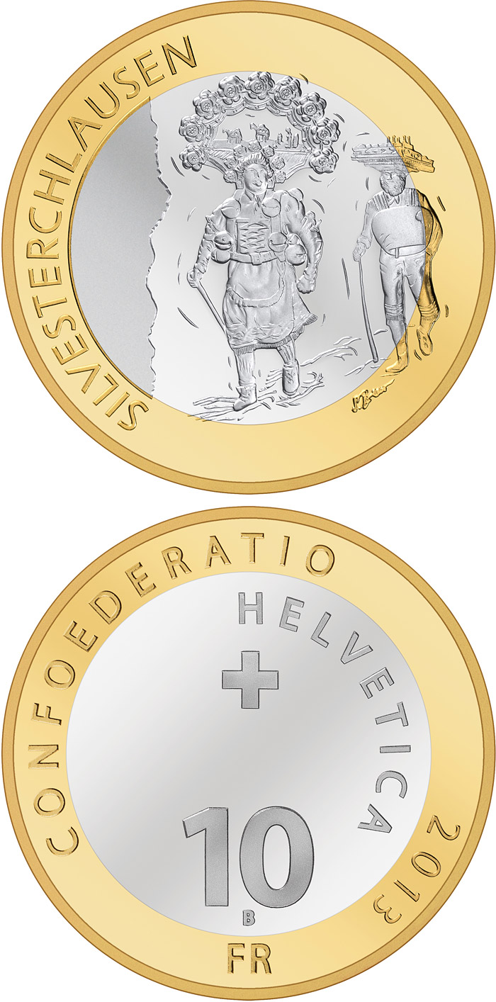 Image of 10 francs coin - Silvesterchlausen | Switzerland 2013.  The Bimetal: CuNi, nordic gold coin is of Proof, BU quality.