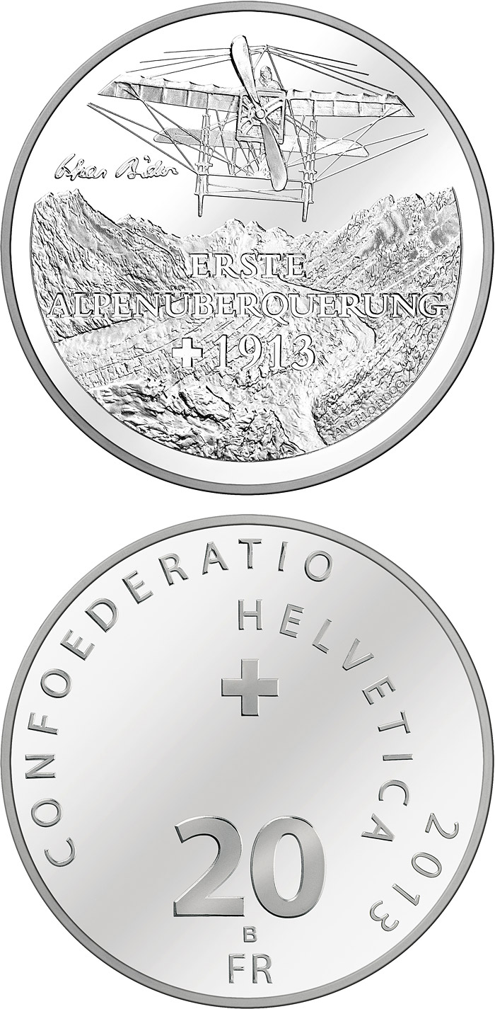 Image of 20 francs coin - First transalpine flight 1913 | Switzerland 2013.  The Silver coin is of Proof, BU quality.