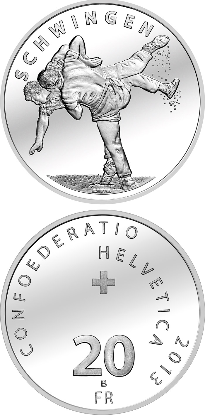 Image of 20 francs coin - Swiss wrestling | Switzerland 2013.  The Gold coin is of Proof, UNC quality.