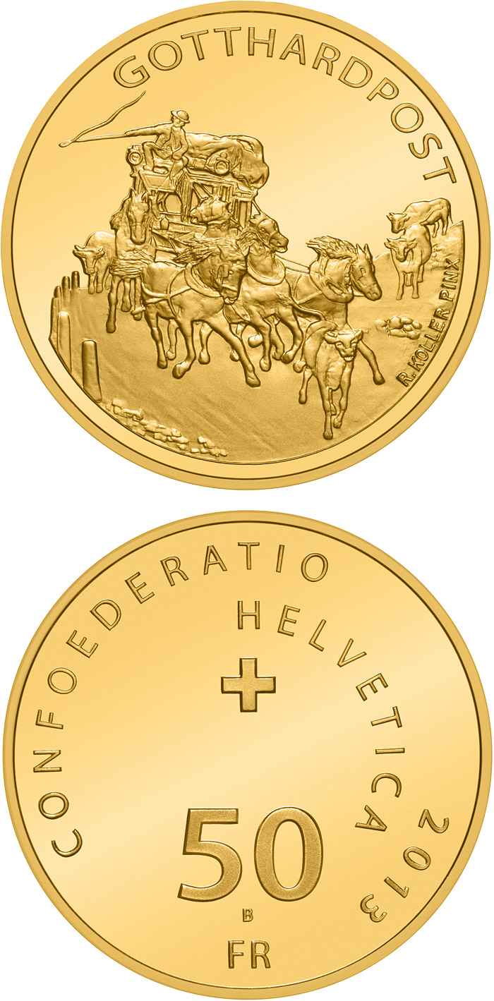 Image of 50 francs coin - Gotthard Mail Coach | Switzerland 2013