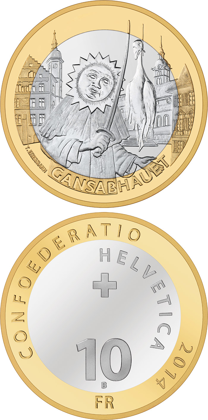Image of 10 francs coin - Gansabhauet Sursee | Switzerland 2014.  The Bimetal: CuNi, nordic gold coin is of Proof, BU quality.