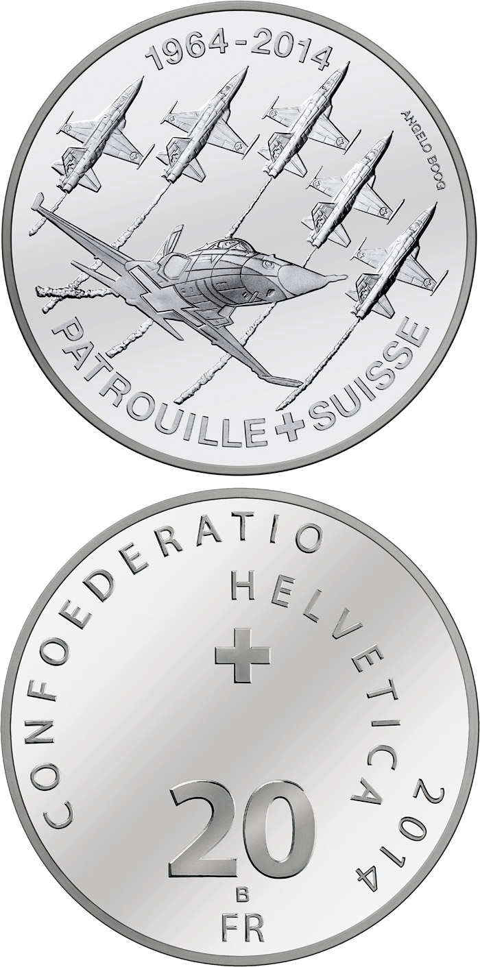 Image of 20 francs coin - 50 years of Patrouille Suisse | Switzerland 2014.  The Silver coin is of Proof, BU quality.
