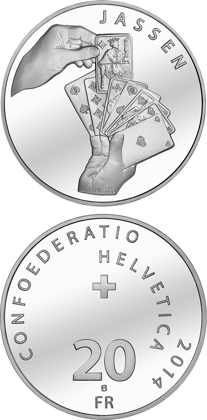 Image of 20 francs coin - National sports: The Jass Card Game | Switzerland 2014.  The Silver coin is of Proof, BU quality.