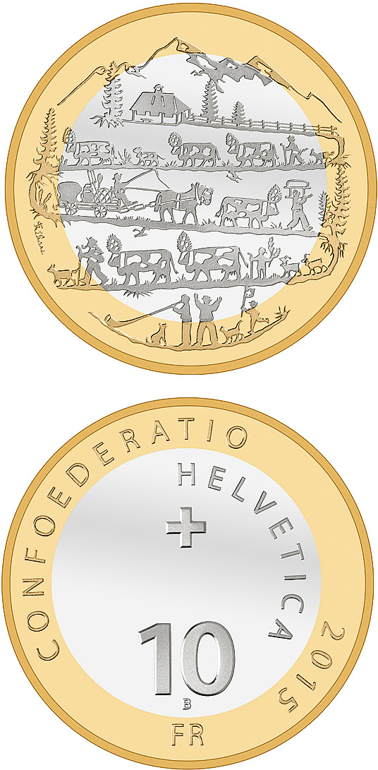 Image of 10 francs coin - Descent from the Alpine pastures | Switzerland 2015.  The Bimetal: CuNi, nordic gold coin is of Proof, BU quality.
