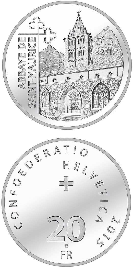 Image of 20 francs coin - 1500 Years St. Maurice's Abbey  | Switzerland 2015.  The Silver coin is of Proof, BU quality.