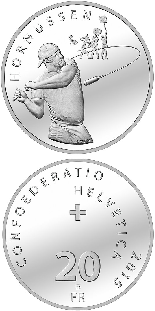Image of 20 francs coin - Hornussen | Switzerland 2015.  The Silver coin is of Proof, BU quality.
