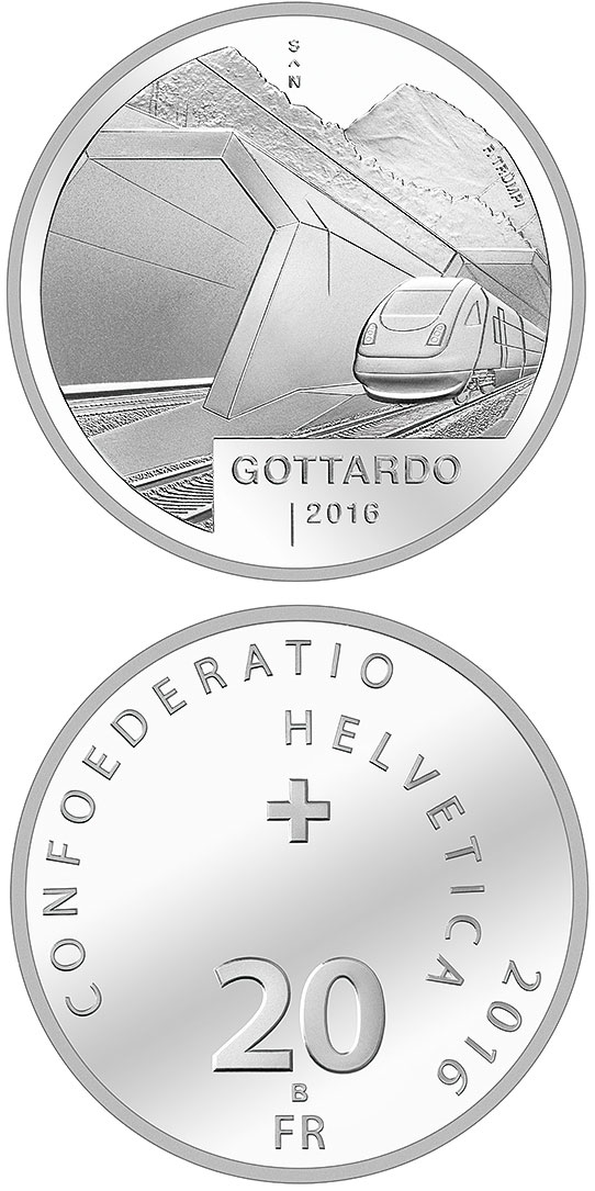 Image of 20 francs coin - Gottardo | Switzerland 2016.  The Silver coin is of Proof, BU quality.